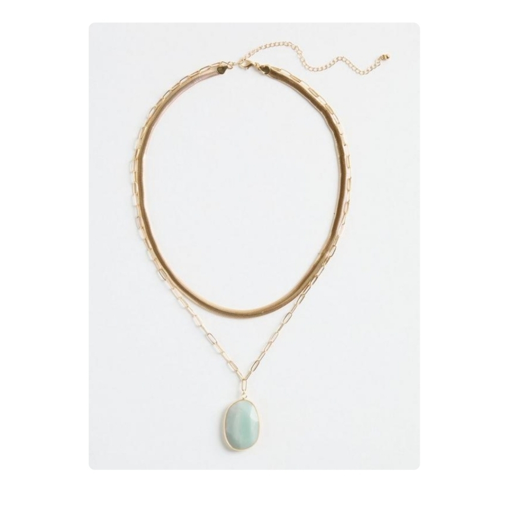 Oval Pendant Sea Green Layered Necklace NEW!